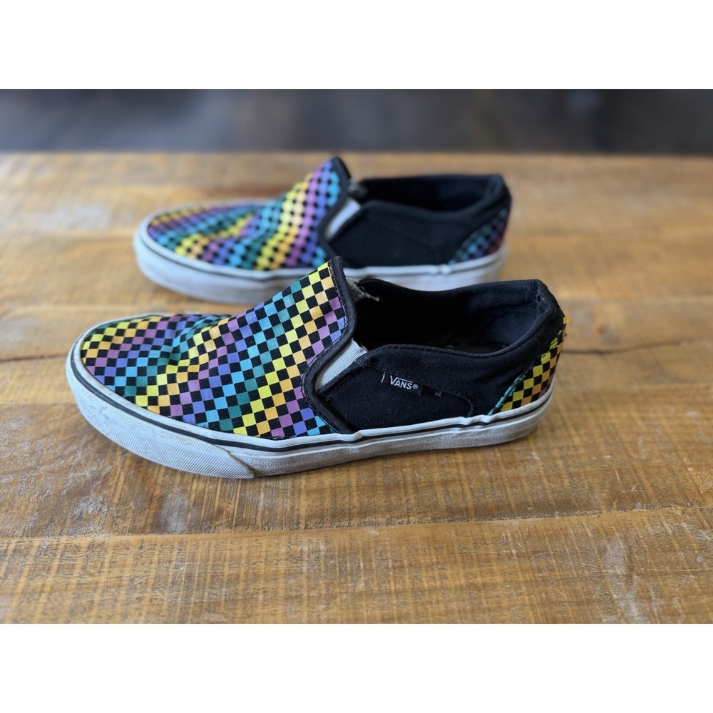 Vans Asher Shoes Women's 10 Colorful Canvas Rainbow Checkered Slip On Sneakers